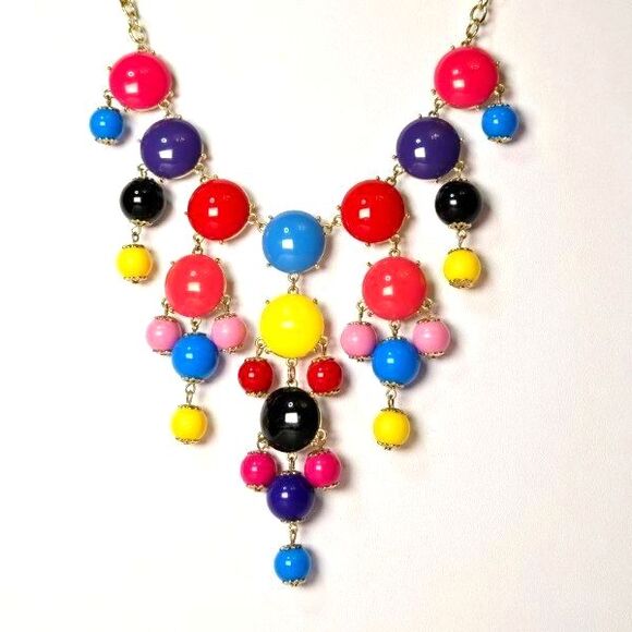 Bold Colorful Iman Acrylic Beaded Statement Necklace on Goldtone Chain - Picture 1 of 5
